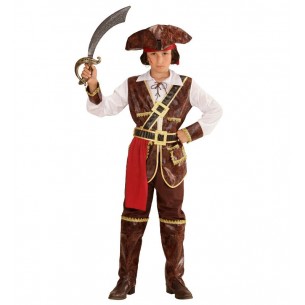 Capitano Pirata dei Caraibi (Camicia con Gilet, Pantaloni con Copristivali, Cintura, Fascia, Cappello) (116 Cm / 4-5 Years)