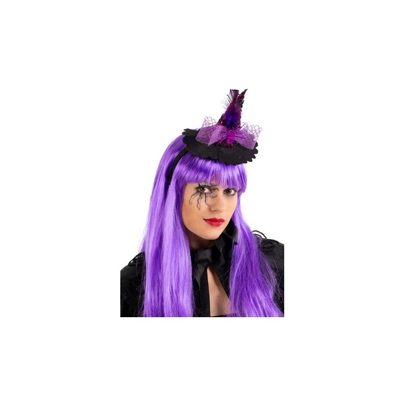Mini Cappellino Strega con Ragno e Tulle Viola H.Cm.14 Ca. con Cerchiett di Carnival-Toys