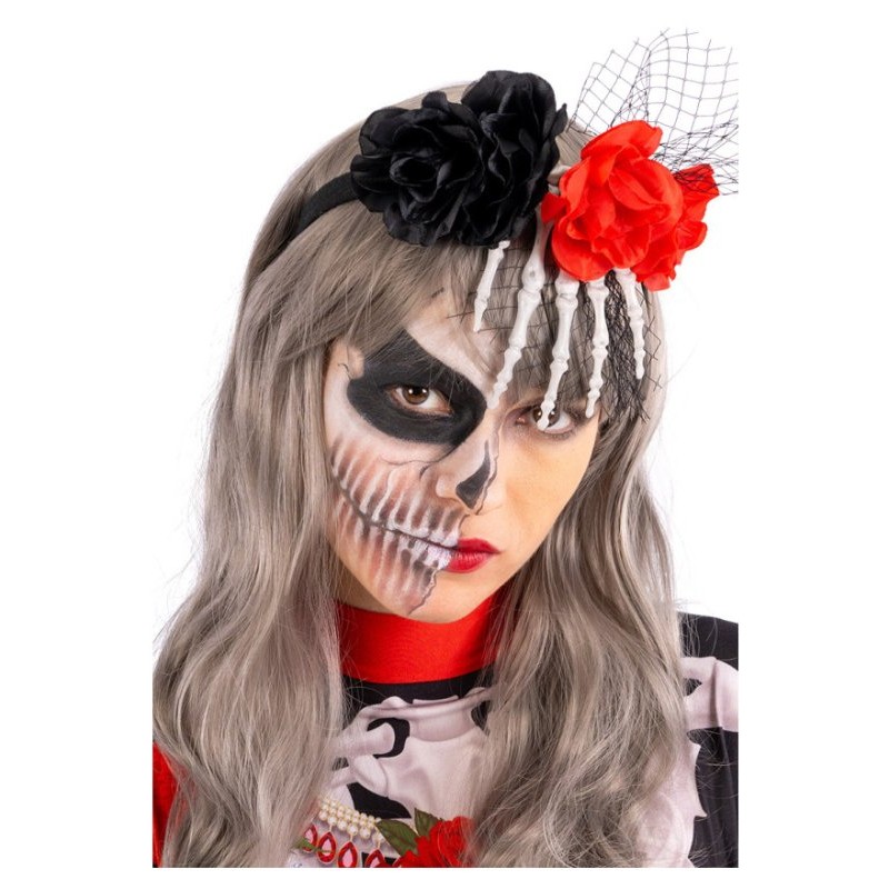 Cerchietto con Mano Scheletro, Fiori e Tulle con Cavallotto di Carnival-Toys