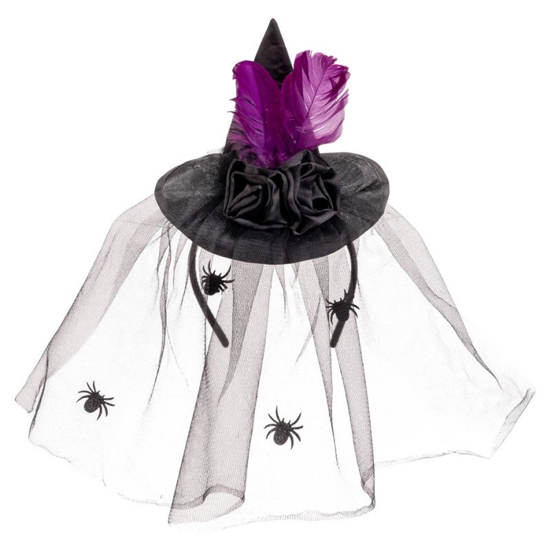 Cappellino in Raso Nero con Rose,Piume e Veletta con Cerchietto H.Cm.16 di Carnival-Toys