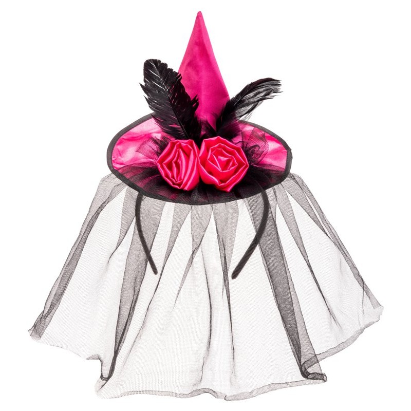 Cappellino in Raso Fucsia con Rose,Piume e Veletta con Cerchietto H.Cm.1 di Carnival-Toys