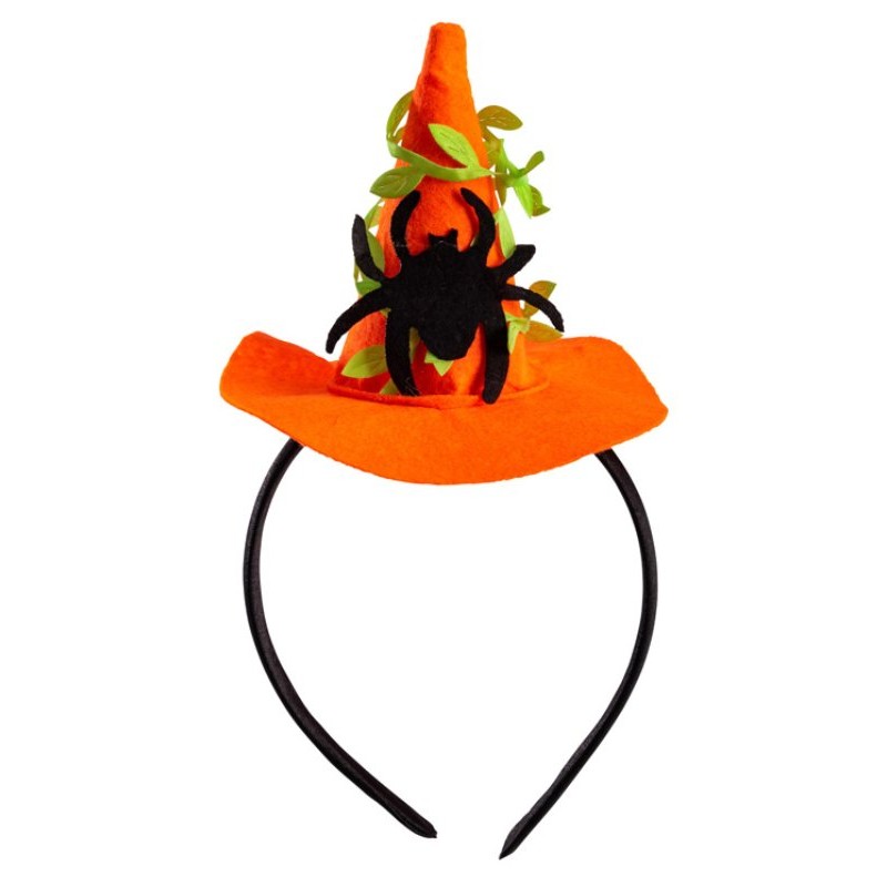 Mini Cappello Strega Arancione H.Cm.9,5 Ca. C/Ragno in Feltro C/Cerchiet di Carnival-Toys