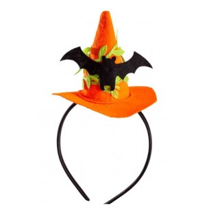 Mini Cappello Strega Arancione H.Cm.9,5 Ca. C/Pipistrello in Feltro C/Ce di Carnival-Toys