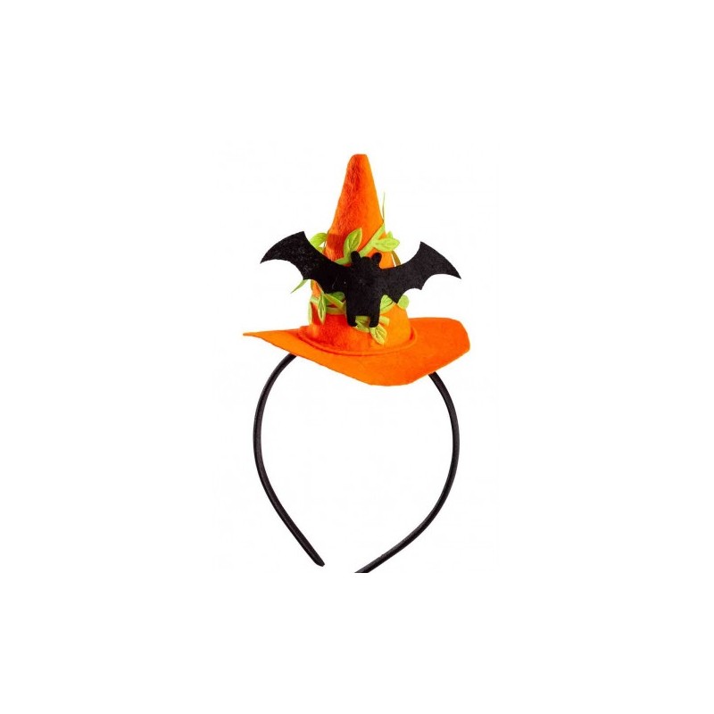 Mini Cappello Strega Arancione H.Cm.9,5 Ca. C/Pipistrello in Feltro C/Ce di Carnival-Toys