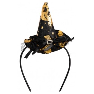 Cappellino Strega Nero con Decorazioni Oro con Cerchietto H.9 Cm Ca.C/Ca di Carnival-Toys