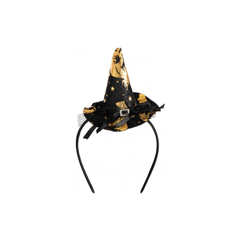 Cappellino Strega Nero con Decorazioni Oro con Cerchietto H.9 Cm Ca.C/Ca di Carnival-Toys