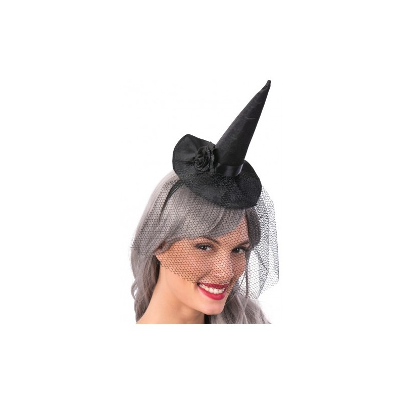 Cappellino Strega Nero in Raso con Veletta e Rosa C/Cerchietto H.Cm.18 C di Carnival-Toys